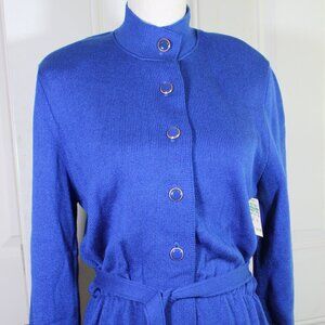 Vintage Schrader Knit Button Front Sweater Dress Royal Blue New Old Stock